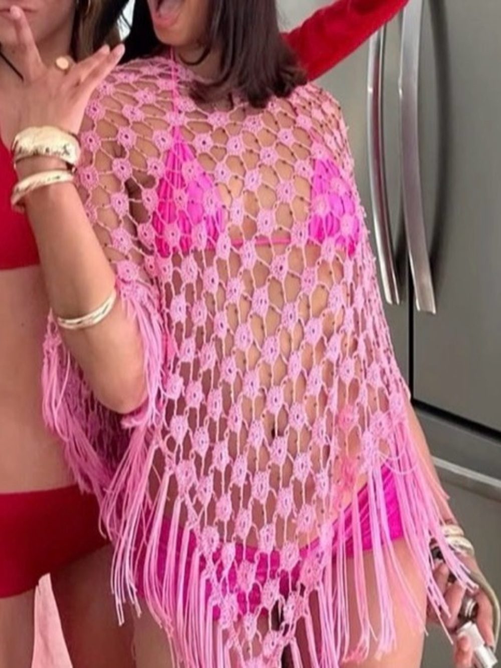 Pink Crochet Fringe Sweater Cover-Up - Women Sweater